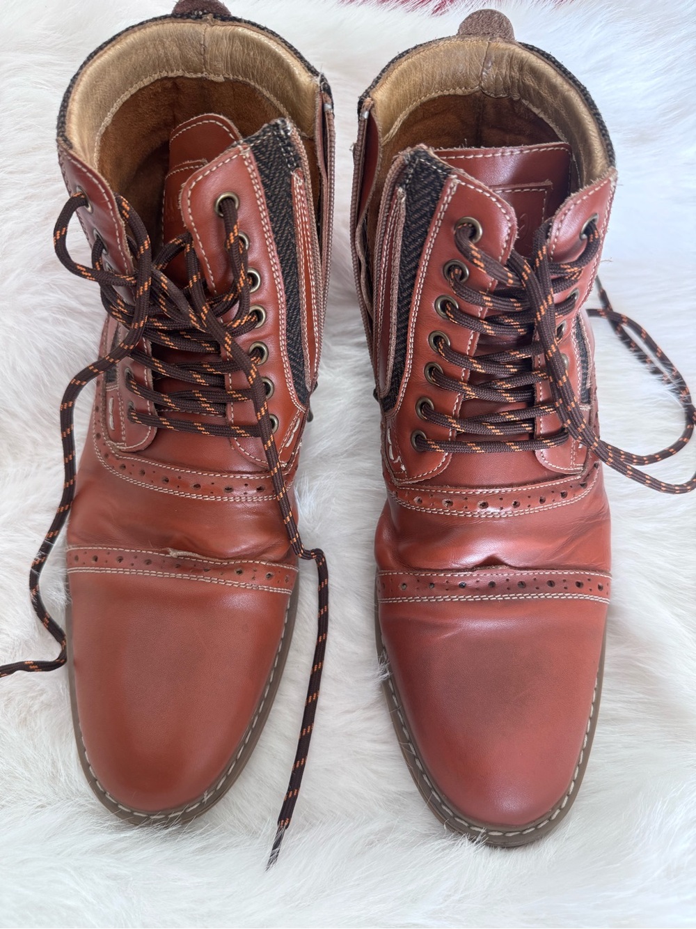 Men's Brown Leather Lace-Up Cap-Toe Boots with Side Zip
